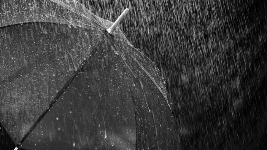 Golfer holding umbrella in strong wind during rainy golf course play
