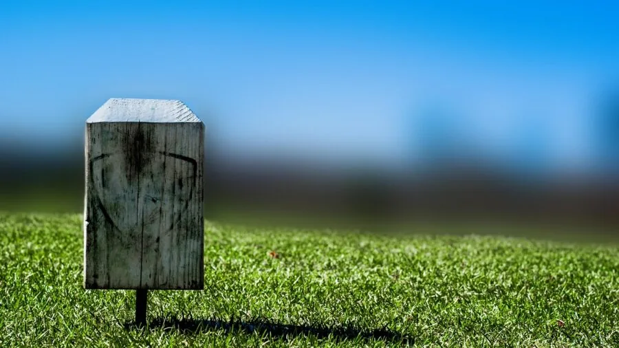 Golfer placing wooden tee in grass on golf course fairway