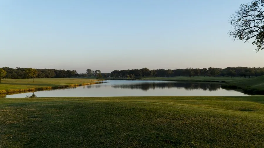 Golfer practicing putting stroke on manicured green grass in natural outdoor setting