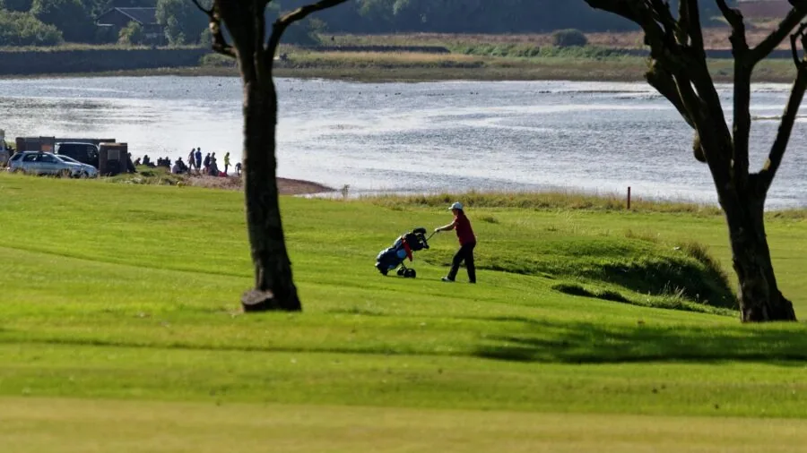 Golfer walking on grass fairway wearing golf shoes during round