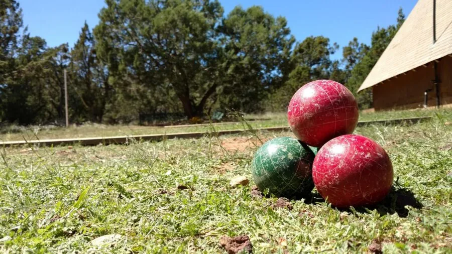 Group of friends enjoying bocce ball game together in a backyard setting