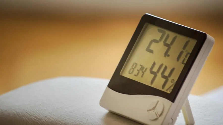 Hand holding digital hygrometer displaying temperature and humidity readings near reptile habitat