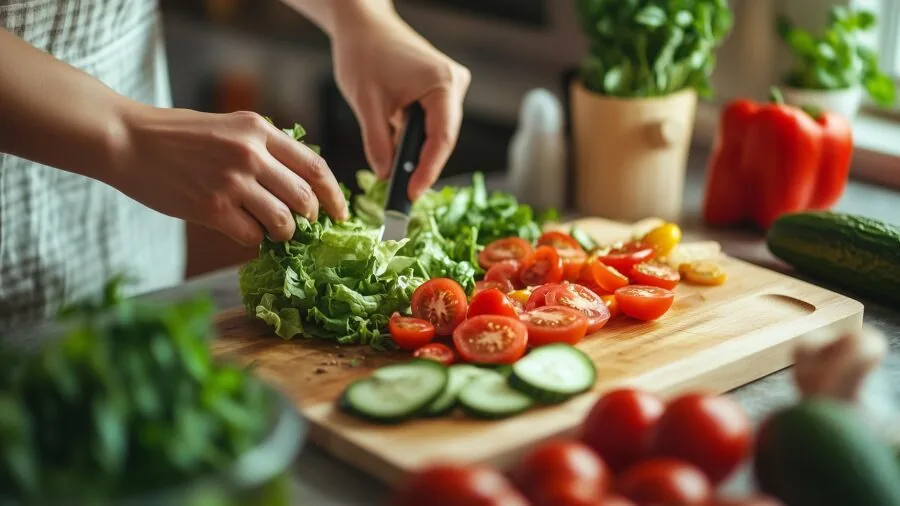 Home cook chopping fresh vegetables on wooden cutting board in bright kitchen