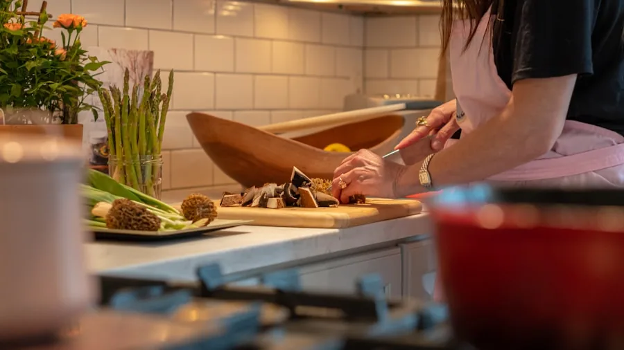 Home cook preparing fresh food in a warm kitchen with steam rising from cooking