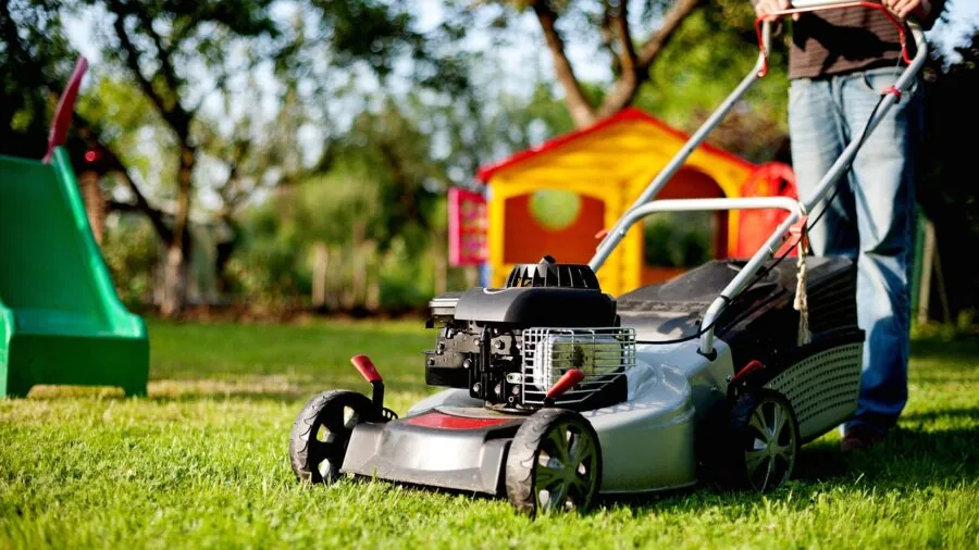 Homeowner mowing lush green lawn on a sunny day with grass clippings