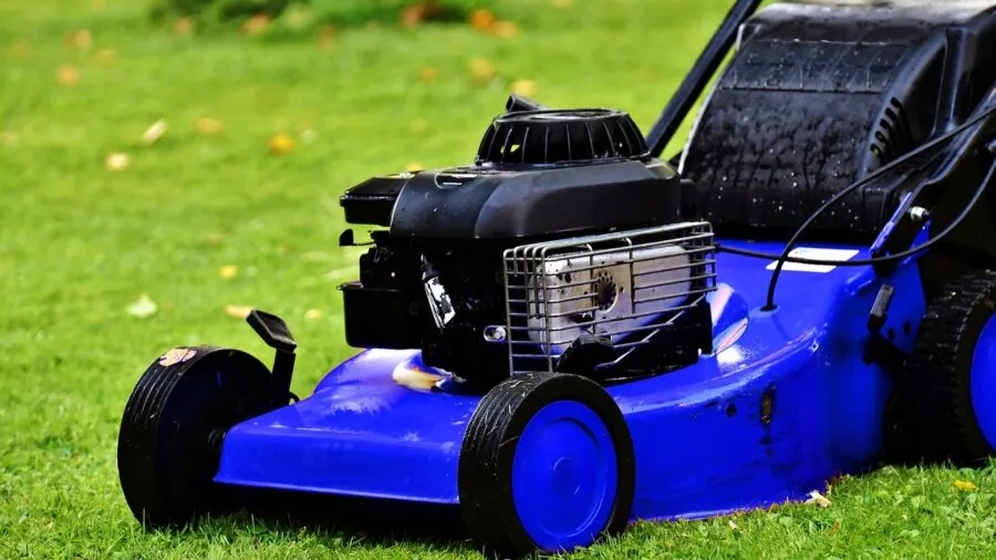 Homeowner operating lawn mower on residential grass yard during daytime yard maintenance