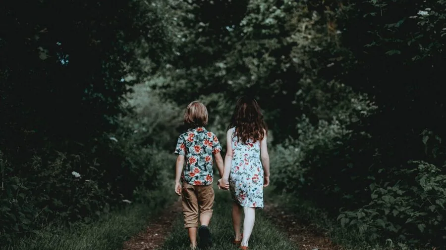 Kids exploring a wooded forest area with dense tree cover during outdoor adventure