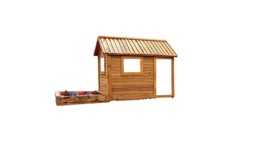 Kids playing together in a wooden backyard playhouse during daytime