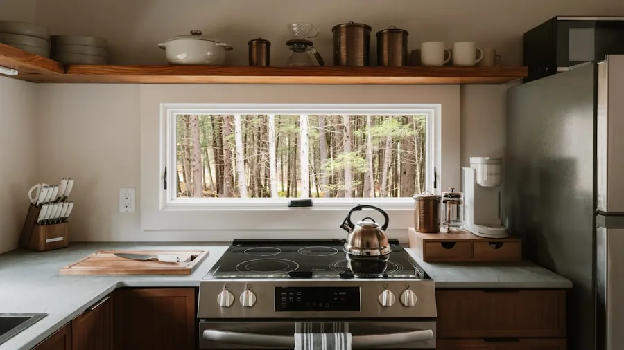 Kitchen knife set with wooden cutting board and fresh ingredients in a home cooking preparation scene