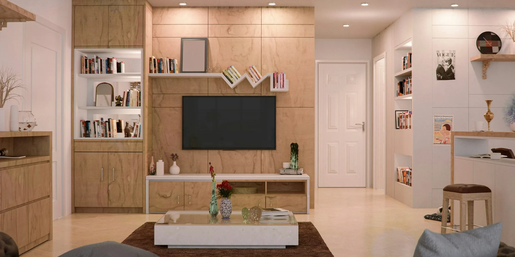 Large 55 inch television mounted on wall in modern living room with clear screen display