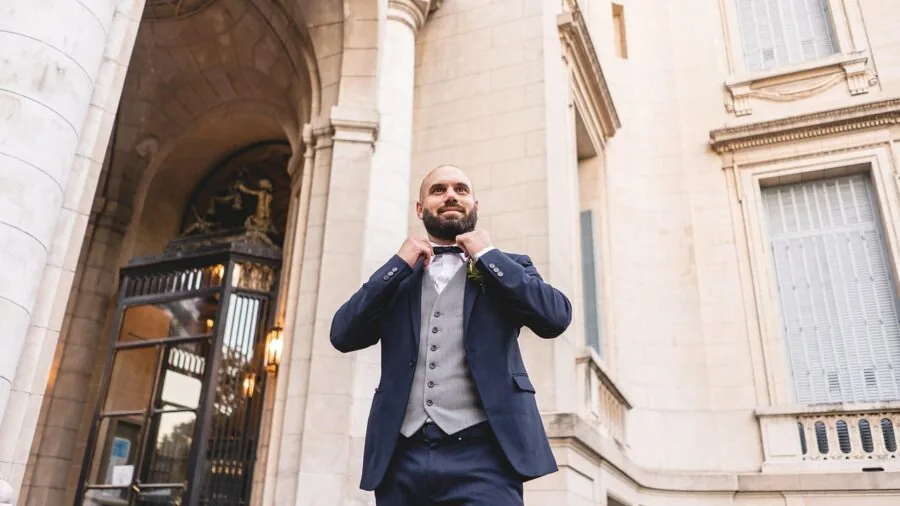 Man in formal black tuxedo at an elegant evening event or celebration