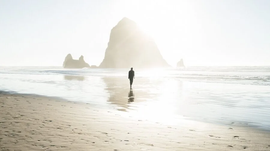Man wearing leather sandals walking on wet beach sand near water