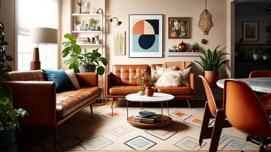 Mid-century modern living room with wooden furniture and warm lighting creating a stylish home entertainment setup