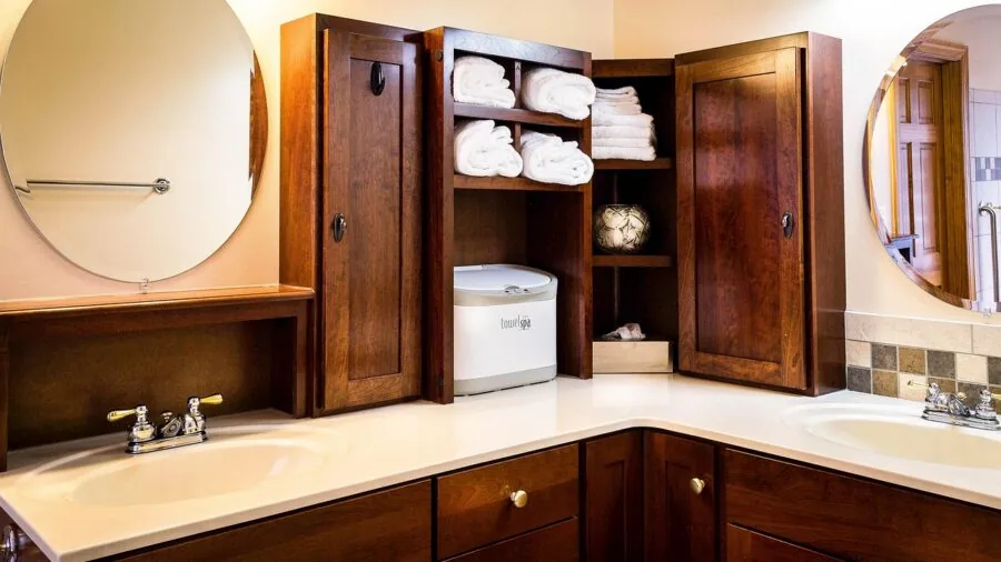 Modern bathroom interior showing various storage solutions and organization options