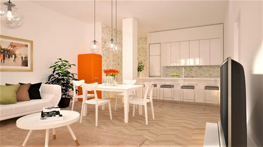 Modern chandelier illuminating a spacious dining room with proper scale and proportions