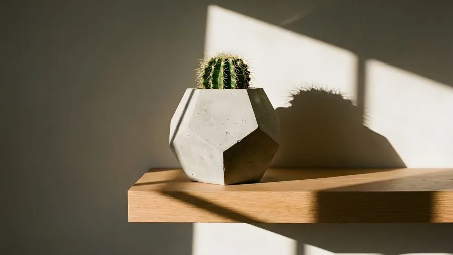 Modern decorative planter with lush greenery displayed on wooden shelf in bright home interior