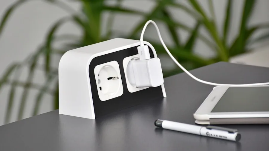 Modern desk setup with integrated power outlets and USB charging ports for organized cable management