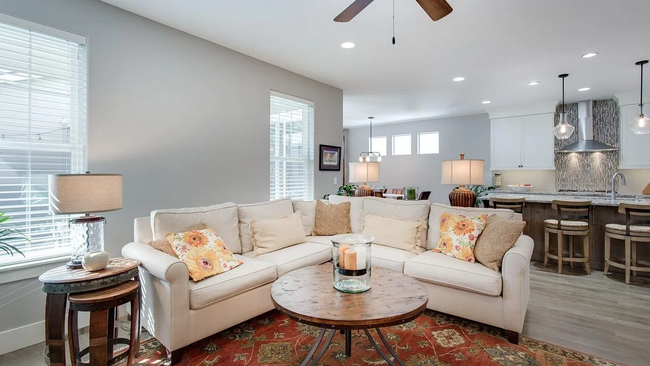 Modern floor lamp illuminating a contemporary living room with warm ambient lighting