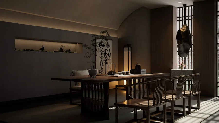 Modern home interior with low ceiling and bright natural lighting from windows