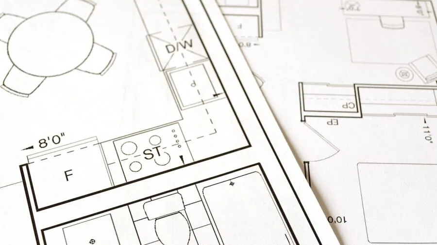 Modern kitchen with varied floor surfaces and work zones showing different areas and dimensions