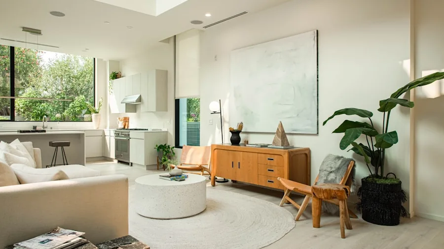 Modern living room with smart home devices and ambient lighting creating connected home atmosphere