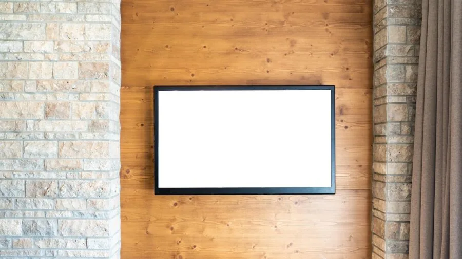 Modern living room with smart home devices and connected technology setup for automated security and lighting control