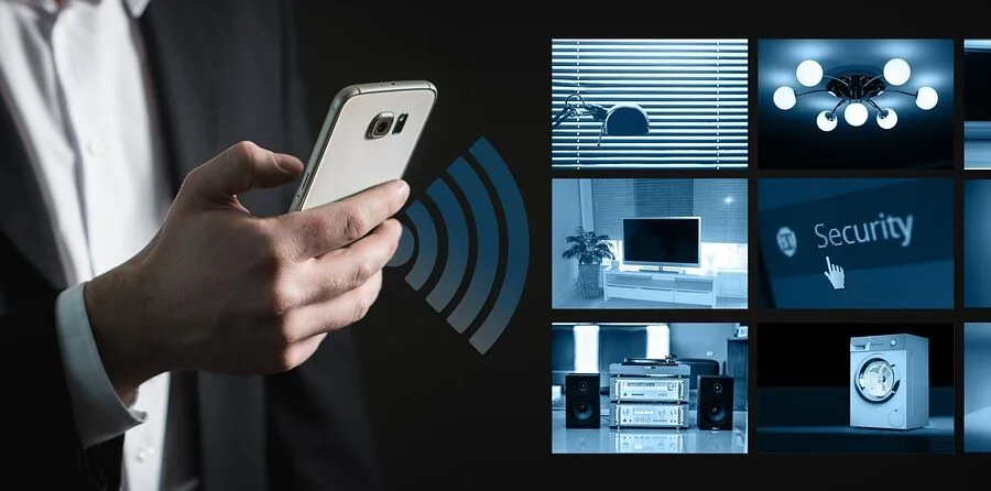 Modern living room with smart home devices and digital interfaces integrated into home environment