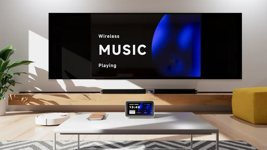 Modern living room with smart home display device showing time and information on shelf