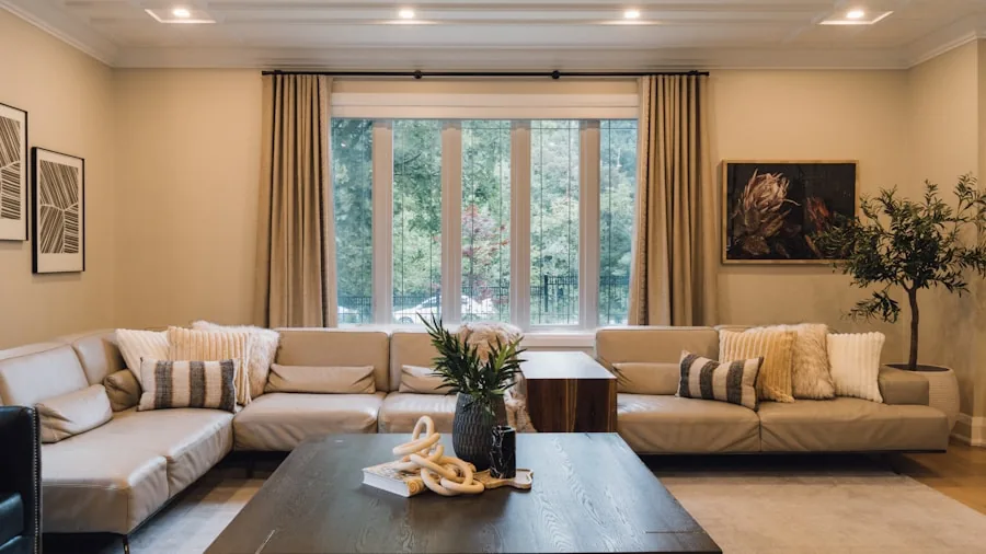 Modern living room with sound-absorbing panels and acoustic treatment on walls for optimal audio quality