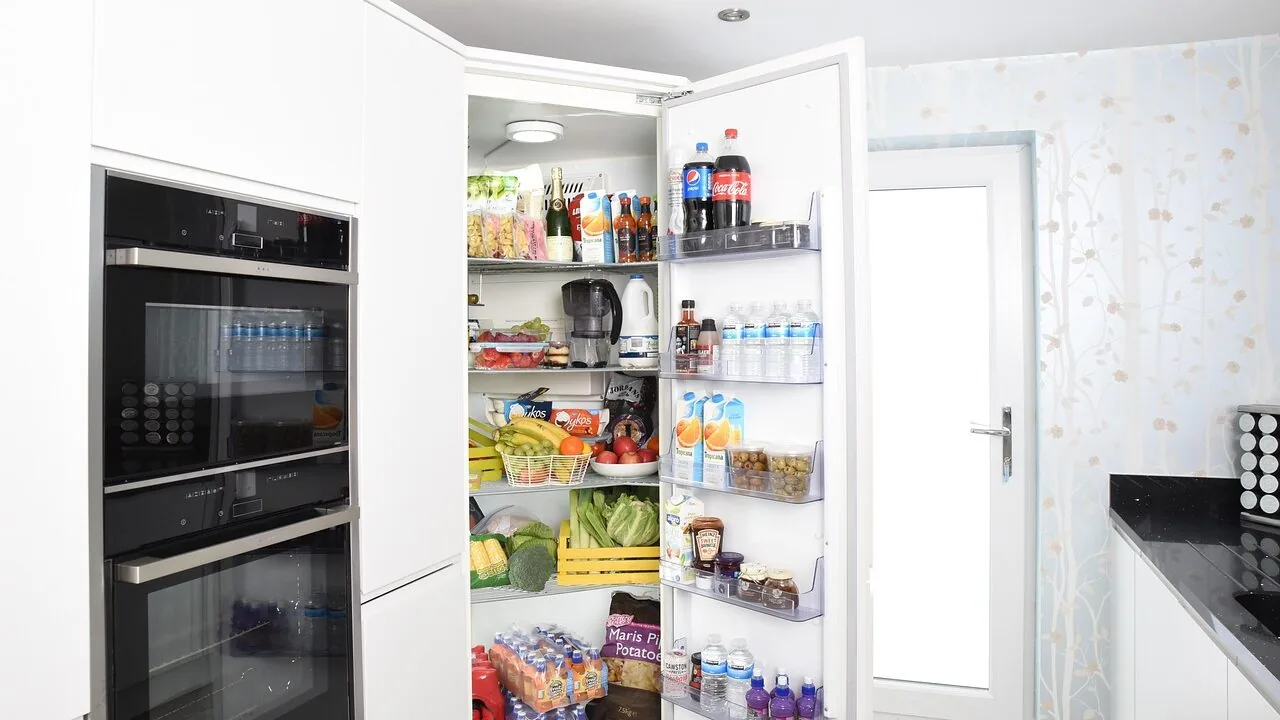 Modern refrigerator with open door in contemporary kitchen
