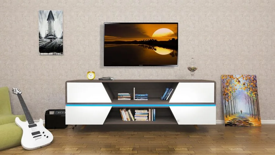 Modern wooden storage cabinet displayed in a bright living room setting with plants and home decor