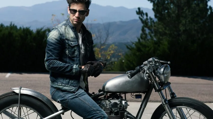 Motorcyclist wearing classic leather jacket on open road, demonstrating abrasion-resistant material in real-world riding conditions