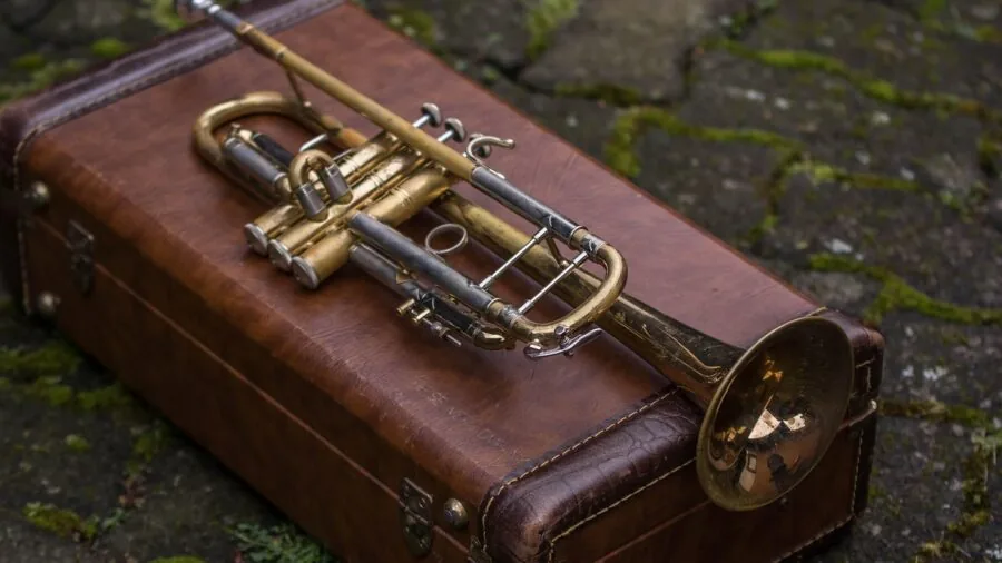 Musician carefully polishing and maintaining a brass trumpet with cloth, showcasing instrument care and durability