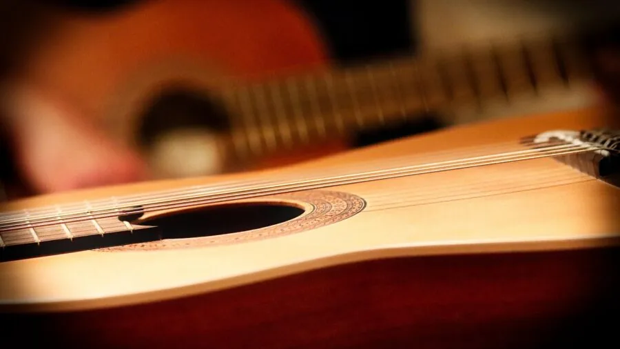 Musician examining guitar gear and accessories to assess quality and value before purchasing