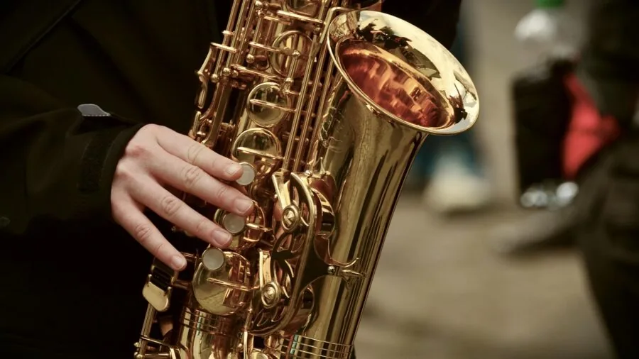 Musician inspecting trumpet mouthpiece and accessories kit in natural lighting