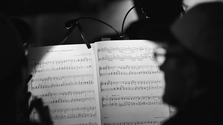 Musician playing instrument with sturdy music stand during live performance