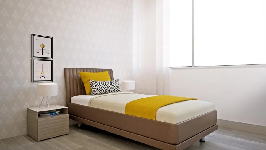 Neat bedroom interior with organized storage solutions and decluttered furniture arrangement