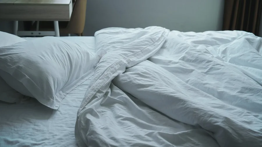Neatly folded white bed sheets and pillowcases stacked on a bed in a bright bedroom