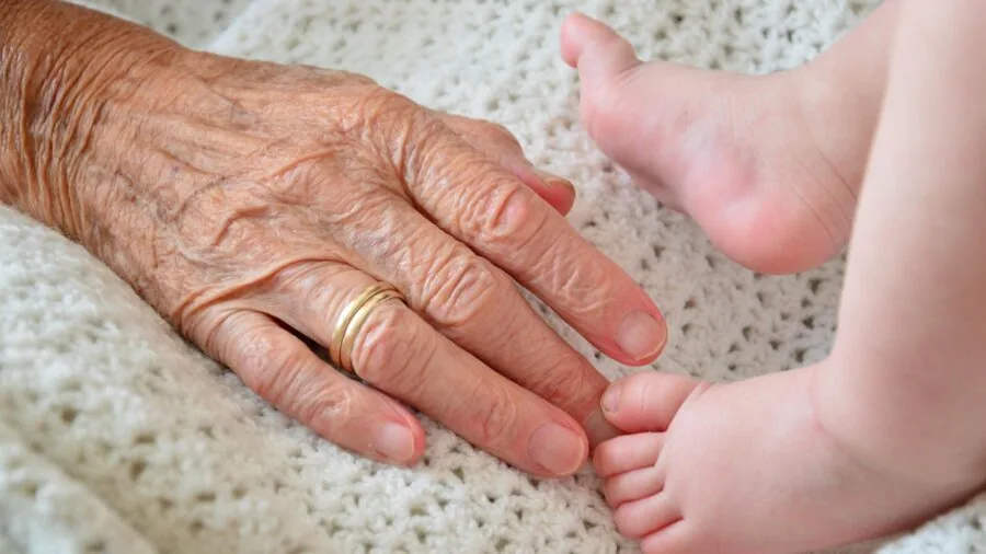 Older adult driver with young child in backseat during family car ride