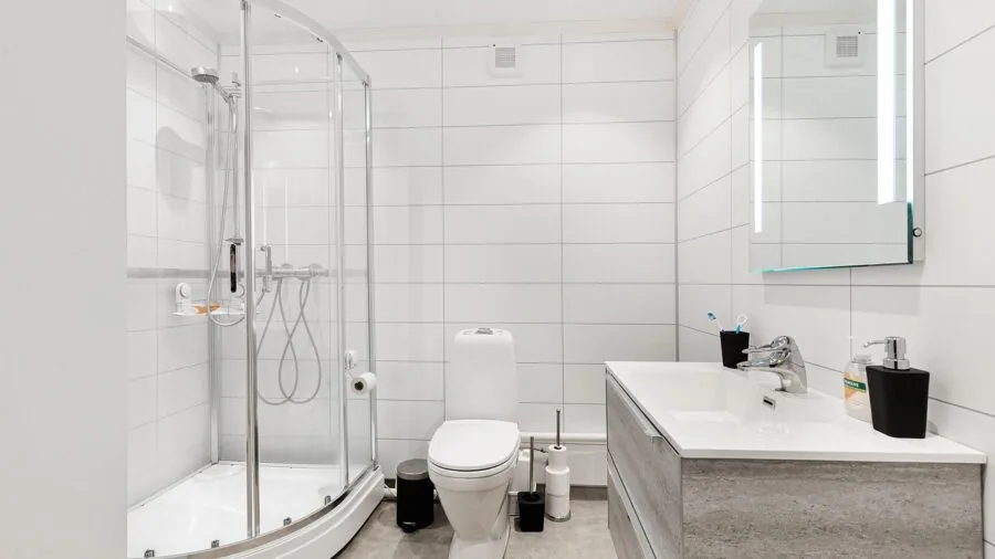 Organized bathroom shelf with toiletries and personal care items neatly arranged in a modern family bathroom