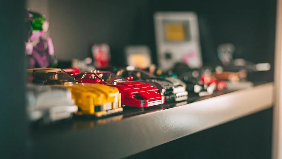 Organized collection of vintage action figures and toys displayed on wooden shelves