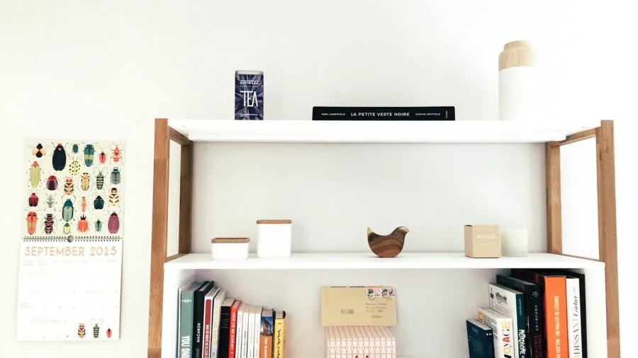 Organized floating shelves displaying books and decor in modern home interior