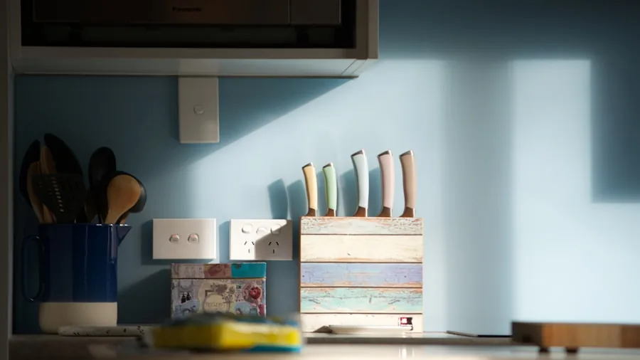Organized kitchen counter with wooden knife block and fresh ingredients during meal preparation