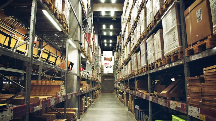 Organized storage shelves displaying bulk household supplies and cleaning products in a home