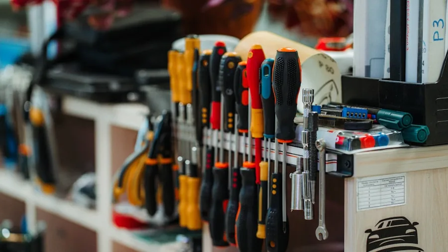 Organized workshop with tools neatly arranged in storage cases and compartments
