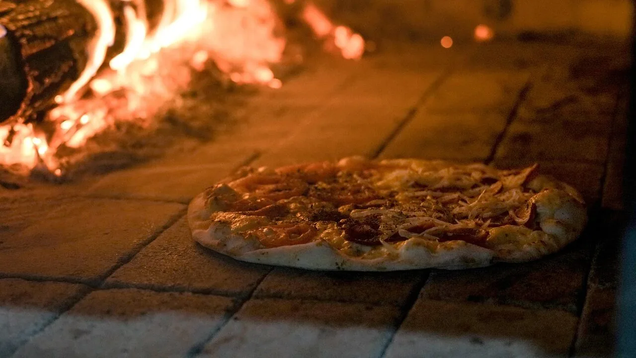 Outdoor pizza oven in backyard setting with clear view of oven structure