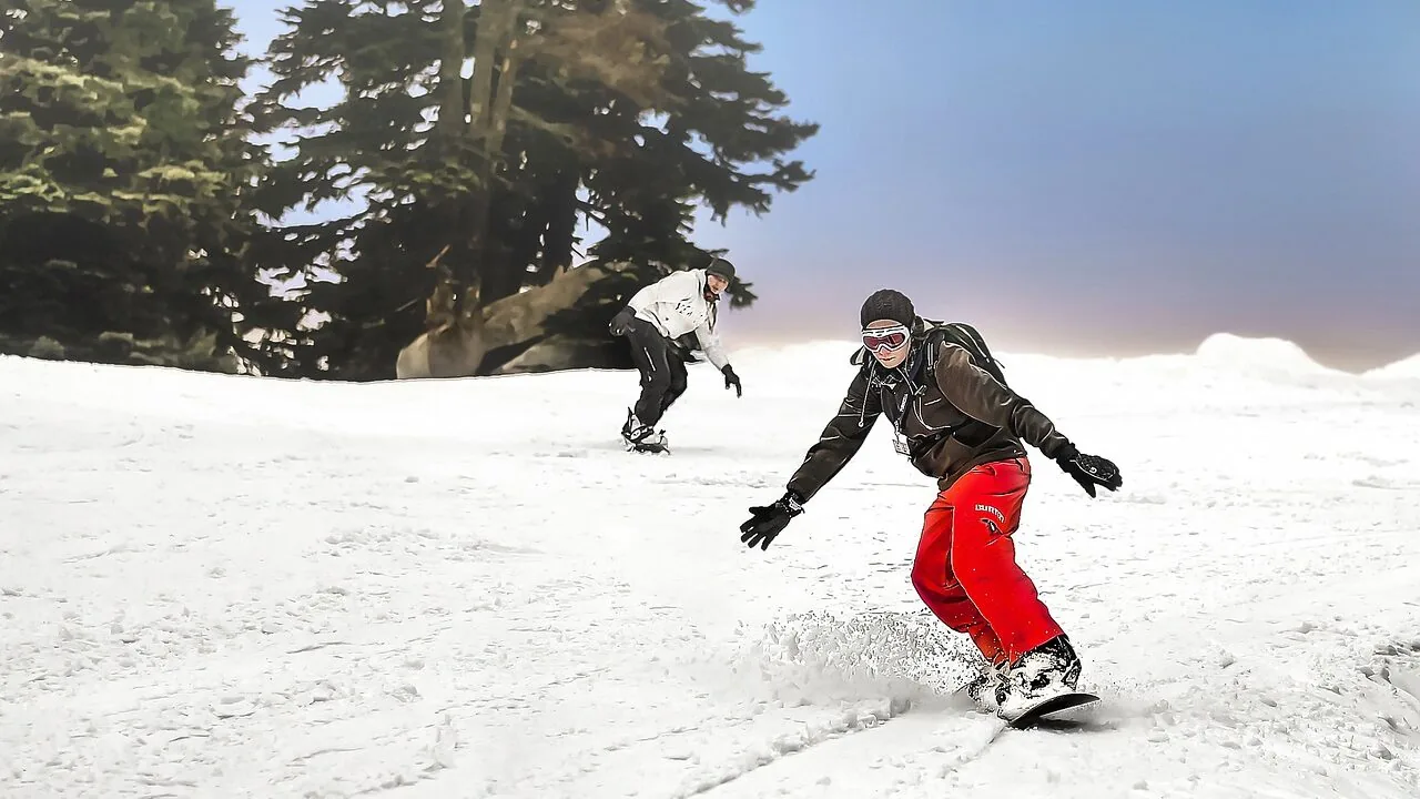 Pair of snowboard boots displayed on snowy mountain slope