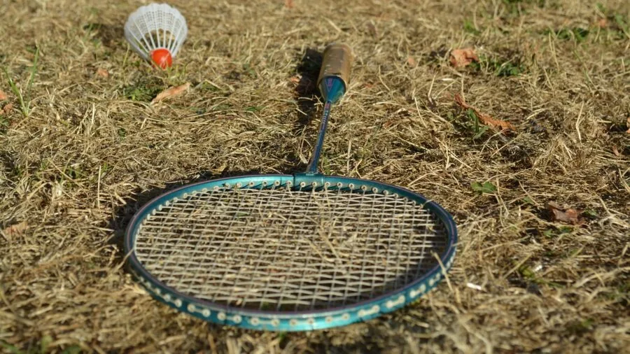People playing badminton outdoors on a sunny day in a natural setting