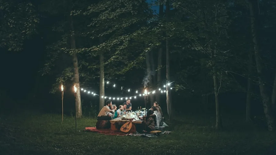 People sitting together outdoors at distance in backyard setting for entertainment viewing