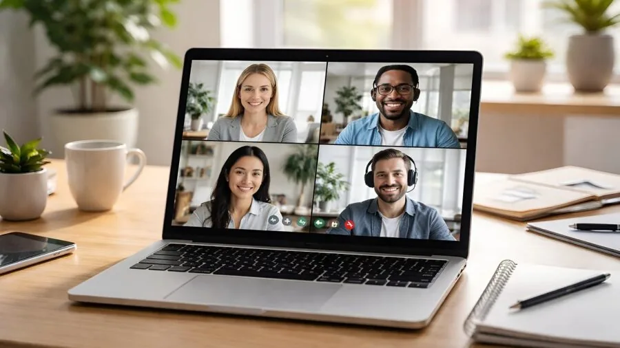 Person at desk during video conference call with professional lighting and computer setup